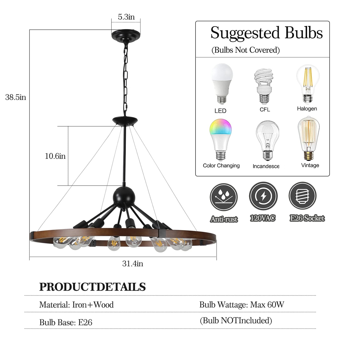 8-Light Retro Farmhouse Chandelier